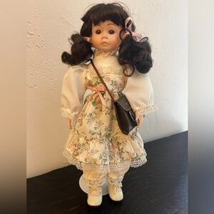 Floral Dress Porcelain Doll with Brown Hair